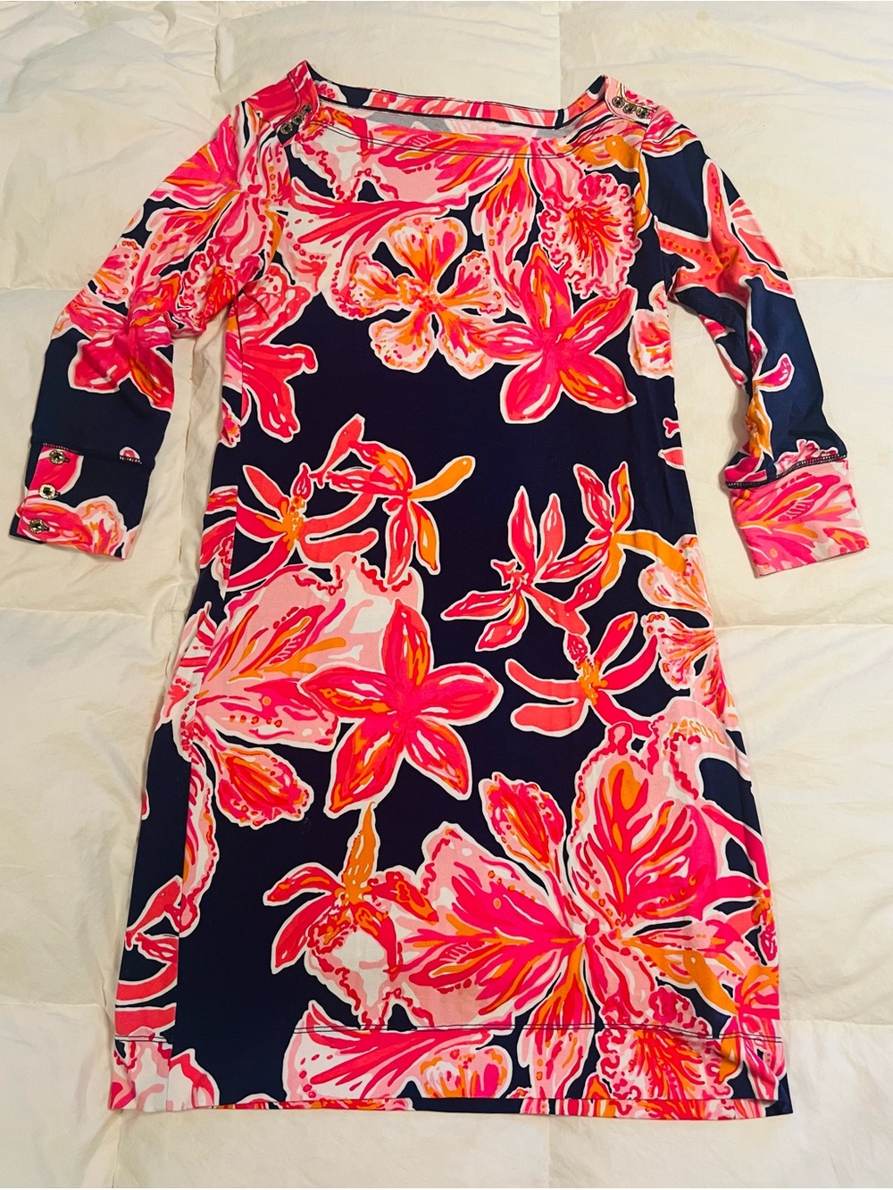 Lilly Pulitzer Navy Shift Dress with Pink & Coral Floral Print